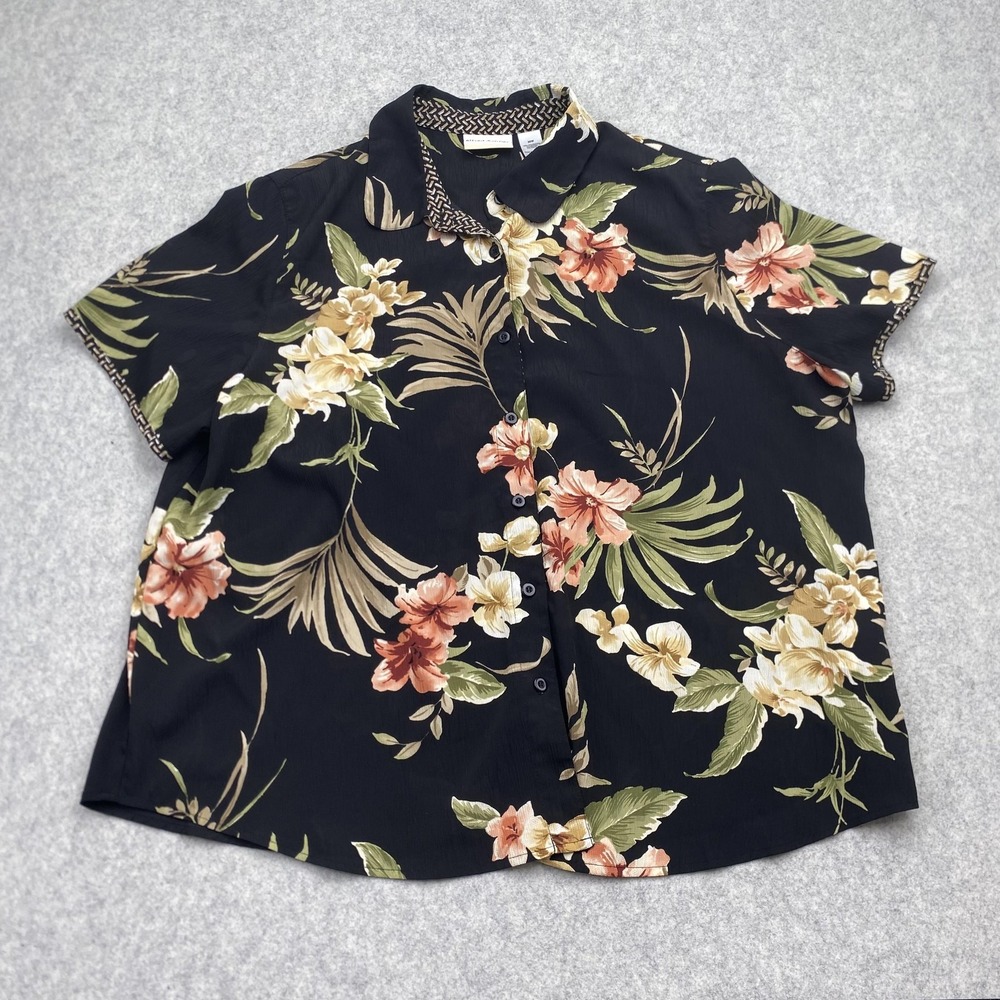 Alfred Dunner Blouse Womens 20W Black Floral Hawaiian Button Front Top